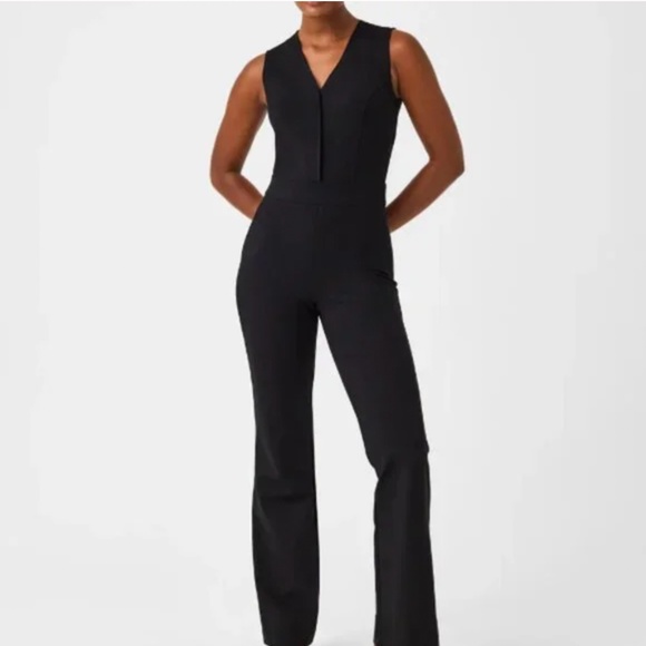 Spanx The Perfect Sleeveless flare Jumpsuit Ponte Black sz L - Picture 10 of 11